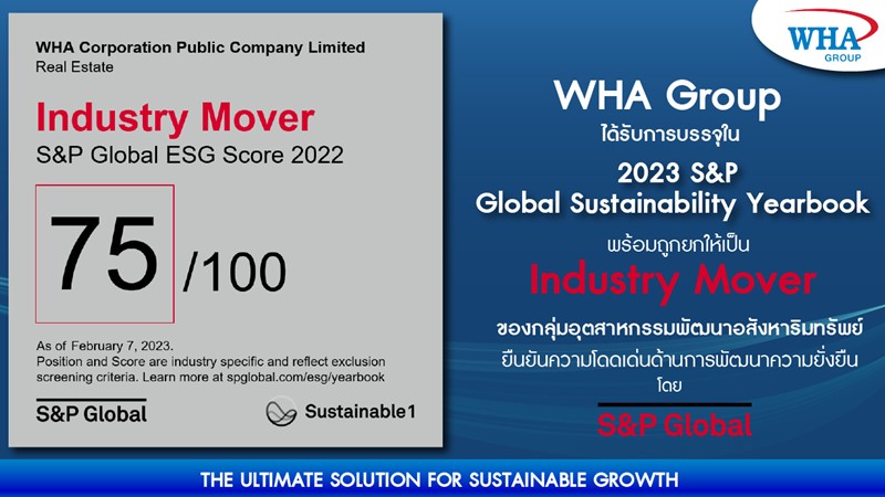 WHA Group ได้รับการบรรจุใน 2023 S&P Global Sustainability Yearbook   พร้อมถูกยกให้เป็น Industry Mover ของกลุ่มอุตสาหกรรมพัฒนาอสังหาริมทรัพย์ ยืนยันความโดดเด่นด้านการพัฒนาความยั่งยืน